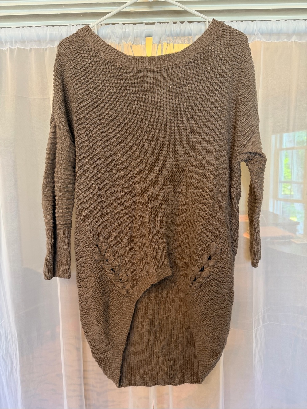 Express Brown Scoop Neck Knit Sweater with Braided Pocket Detail
